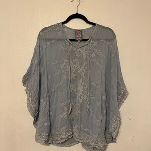 Johnny Was Light Gray/Blue Embroidered Blouse